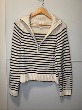 H&M Cream and Black Striped Half-Zip Turtleneck Sweater